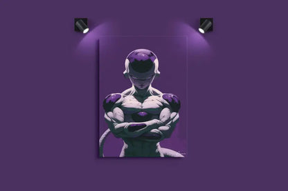 Affiche de personnage d’anime violet et blanc mettant en scène une silhouette musclée avec des accents violets luminescents sur la tête, les épaules et la poitrine.