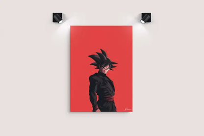 Affiche d’anime de Goku aux cheveux noirs avec un fond rouge audacieux et une tenue noire stylisée.