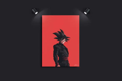 Une impression sur toile rouge frappante mettant en scène un personnage d’anime stylisé aux cheveux noirs dans une tenue sombre sur un fond cramoisi audacieux.