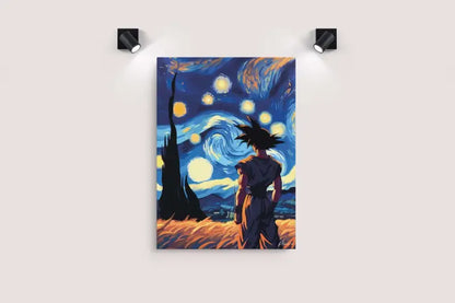 Une impression sur toile vibrante mettant en scène Goku de Dragon Ball debout devant un ciel nocturne tourbillonnant et étoilé, évoquant la Nuit étoilée de Van Gogh.