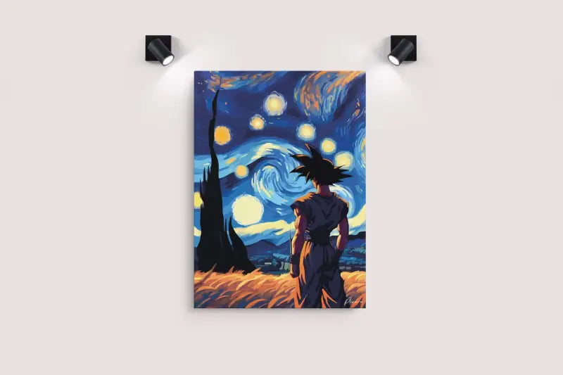 Une impression sur toile vibrante mettant en scène Goku de Dragon Ball debout devant un ciel nocturne tourbillonnant et étoilé, évoquant la Nuit étoilée de Van Gogh.