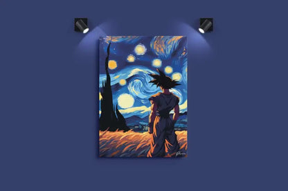Une impression sur toile vibrante mettant en scène un Goku stylisé de Dragon Ball se tenant devant un ciel nocturne tourbillonnant et étoilé évoquant la « Nuit étoilée » de Van Gogh, rendue en bleus et jaunes audacieux avec des coups de pinceau dynamiques.