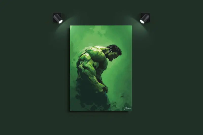 Impression sur toile verte du Hulk dans une pose musculaire, accroupie.