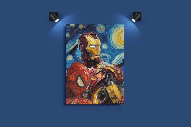 Une peinture sur toile vibrante et texturée mettant en scène Iron Man et Spider-Man sur un fond stylisé inspiré de La Nuit étoilée.