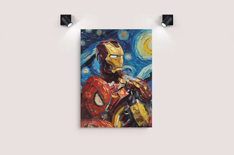 Œuvre d’art d’Iron Man et Spider-Man dans un style de peinture stylisé et texturé avec des ors, rouges et bleus vibrants sur fond d’un ciel nocturne étoilé tourbillonnant rappelant le « Nuit étoilée » de Van Gogh.