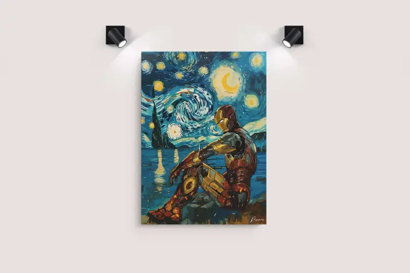 Une impression sur toile vibrante mettant en scène Iron Man assis sous un ciel nocturne tourbillonnant et étoilé, évoquant la « Nuit étoilée » de Van Gogh, rendue en bleus et ors audacieux avec des surlignages métalliques.