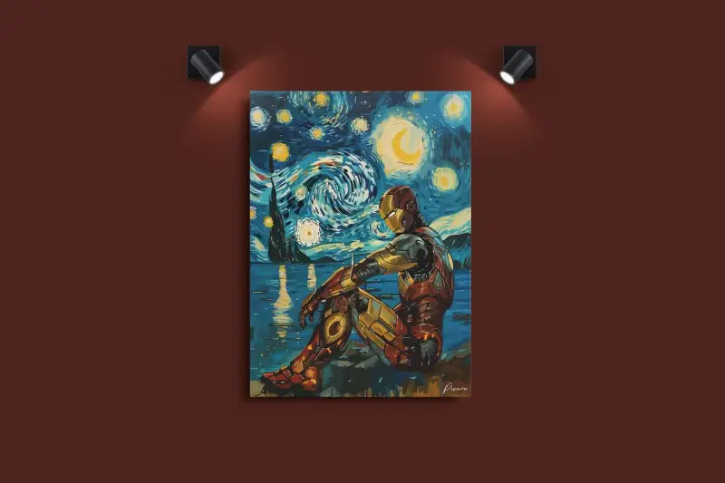 Iron Man assis dans une représentation stylisée de La Nuit étoilée de Van Gogh, peinte sur toile avec des bleus et des jaunes tourbillonnants.
