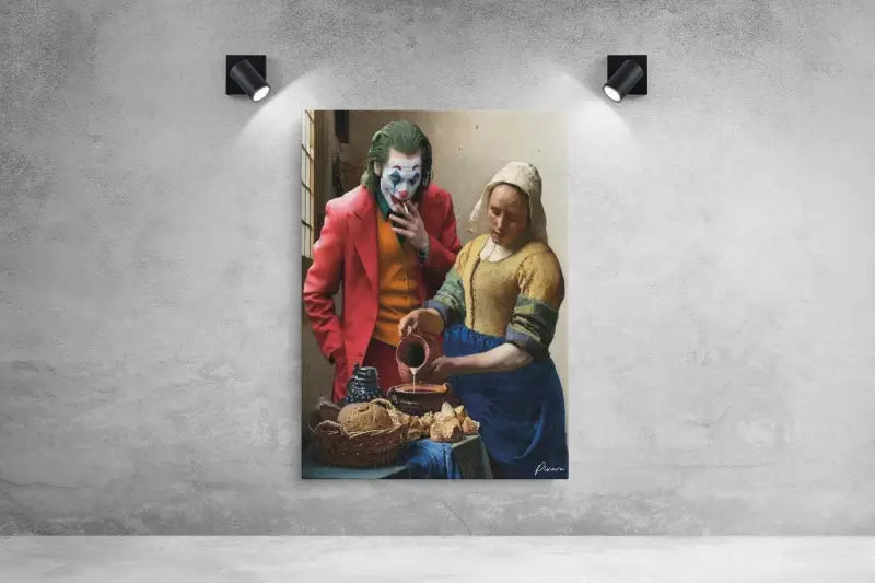 Impression d’art de joker aux couleurs vives rouge et orange, présentant une réinterprétation moderne du style de peinture classique.