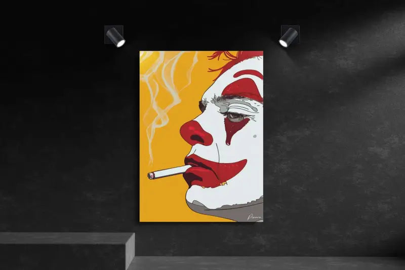 Toile de pop art vibrante représentant un clown stylisé avec un maquillage facial rouge et blanc, fumant une cigarette sur un fond jaune audacieux.