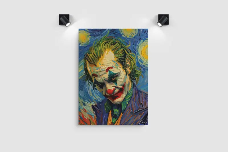 Portrait vibrant et stylisé du Joker avec un fond tourbillonnant bleu et jaune évoquant la Nuit étoilée de Van Gogh.