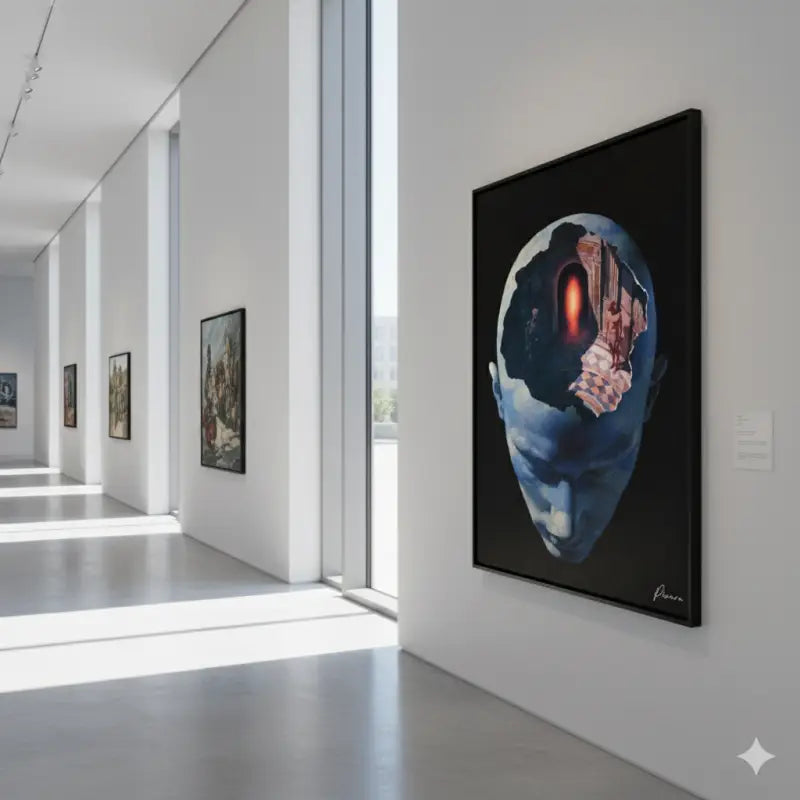 Une peinture frappante à cadre noir représentant une tête humaine bleue avec une vue intérieure d’éléments architecturaux et surréalistes, incluant une porte orange luminescente.