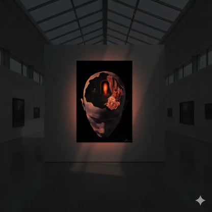 Une œuvre d’art frappante à cadre noir représentant une tête humaine avec un crâne ouvert révélant une machinerie orange luminescente et des composants mécaniques à l’intérieur.