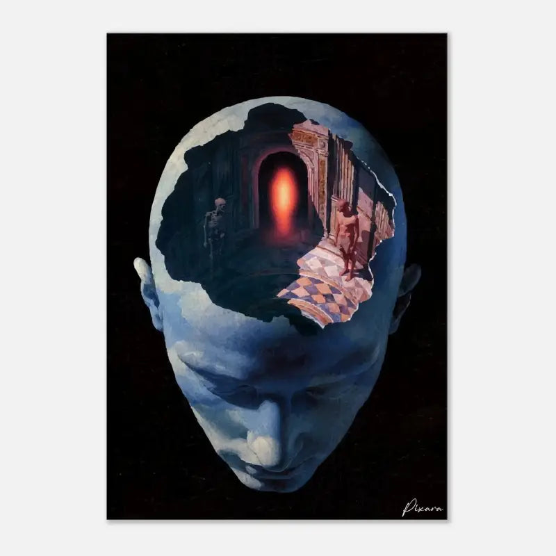 Une peinture surréaliste représentant une tête humaine bleue avec un intérieur ouvert révélant un couloir orné faiblement éclairé, doté d’un sol à damier et de figures près d’une arche orange luminescente.