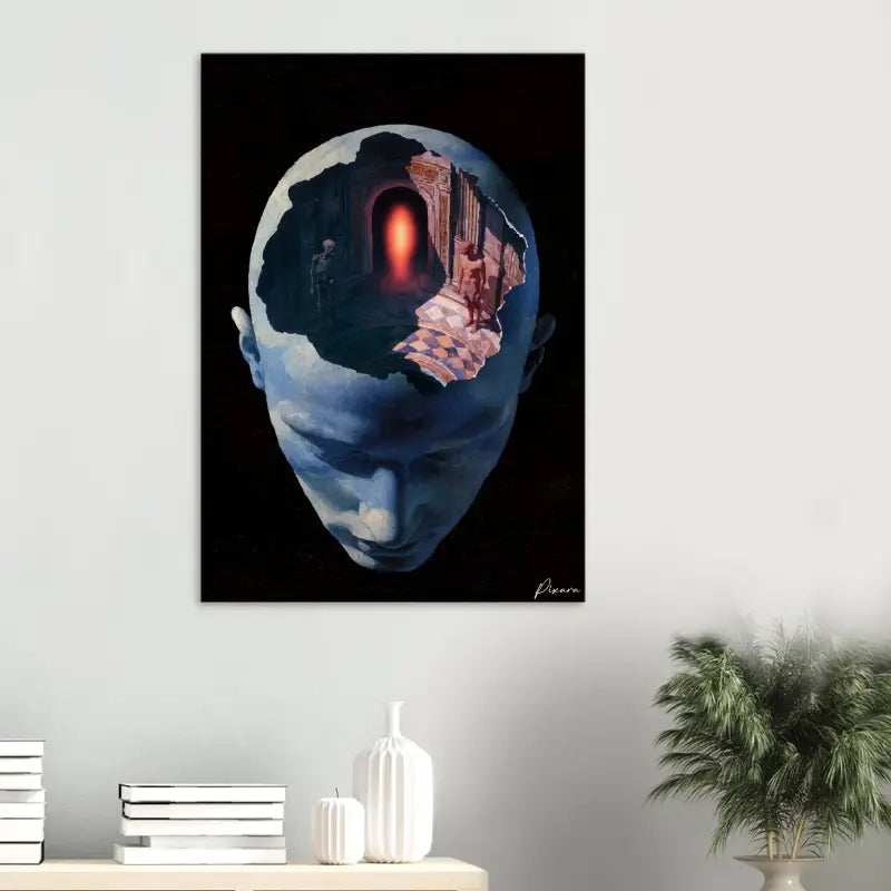 Une impression sur toile surréaliste représentant une tête humaine bleue avec une scène intérieure d’architecture ancienne et de lumière chaude, signée par l’artiste picarn.