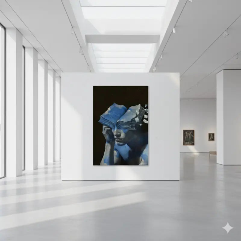 Un portrait abstrait frappant en bleu mettant en scène un visage partiellement obscurci par des formes superposées évoquant des livres sur un fond sombre.