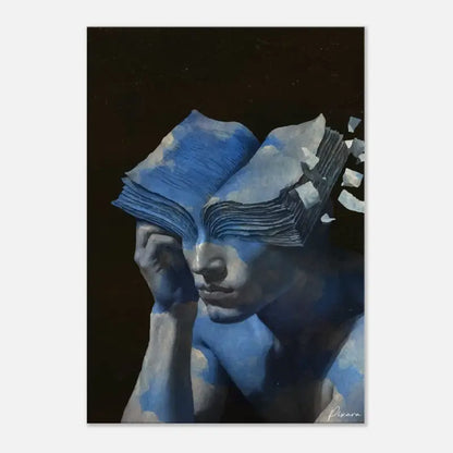 Une peinture surréaliste aux tons bleus représente une figure humaine avec un livre ouvert superposé sur son visage, les pages semblant se briser et s’éloigner du côté droit.