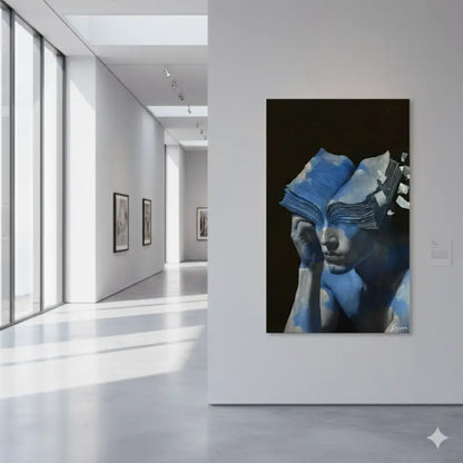 Une peinture abstraite frappante en bleu et blanc représentant une figure avec un livre ouvert couvrant son visage, exposée dans un cadre de galerie moderne.