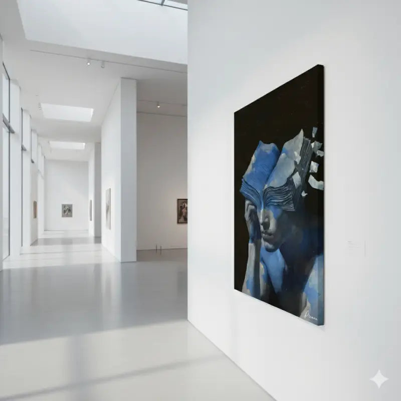 Une peinture abstraite bleue frappante dépeignant un visage partiellement obscurci par un livre ouvert, montée sur un mur de galerie.