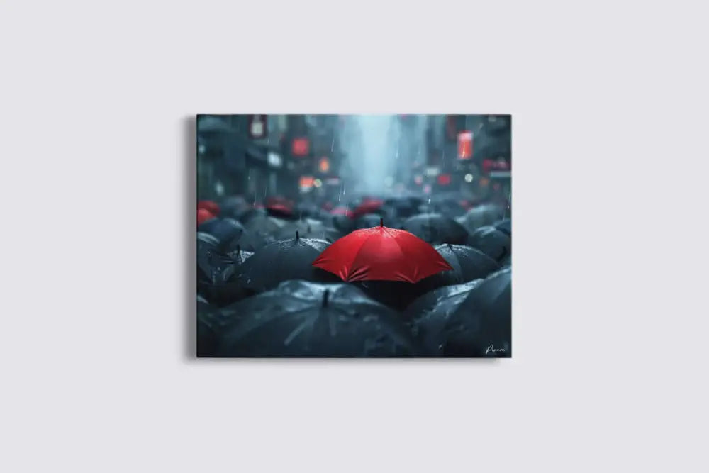 Un parapluie rouge vif se distingue au milieu d’une mer de parapluies sombres et mouillés dans une scène de pluie urbaine.