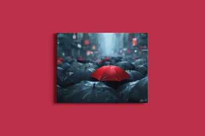 Un parapluie rouge vibrant se distingue au milieu d’une mer de parapluies sombres et ternes dans cette peinture de paysage urbain atmosphérique.