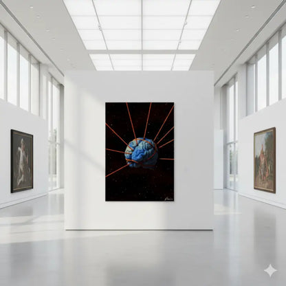 Un cerveau bleu frappant suspendu dans l’espace, lié par des câbles rouges lumineux sur un fond noir étoilé.