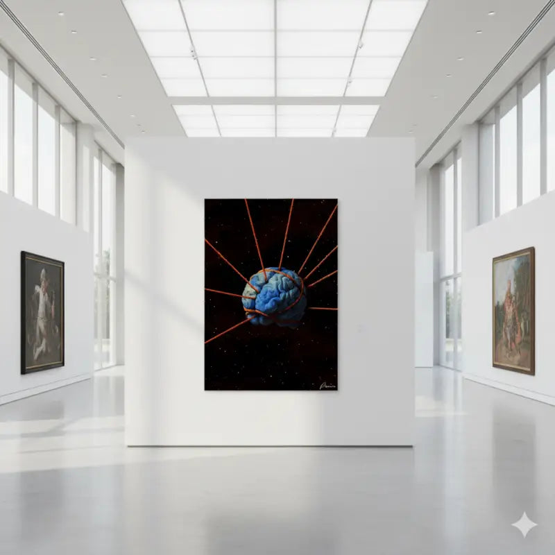 Un cerveau bleu frappant suspendu dans l’espace, lié par des câbles rouges lumineux sur un fond noir étoilé.