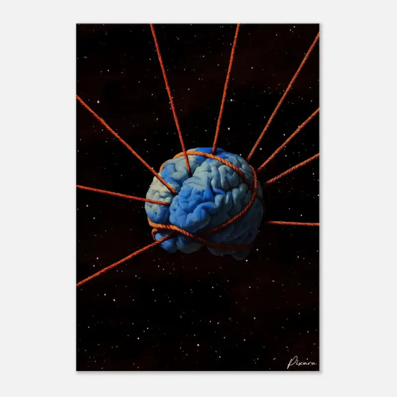 Un cerveau bleu texturé suspendu dans l’espace, attaché par des cordes orange sur un fond noir étoilé.