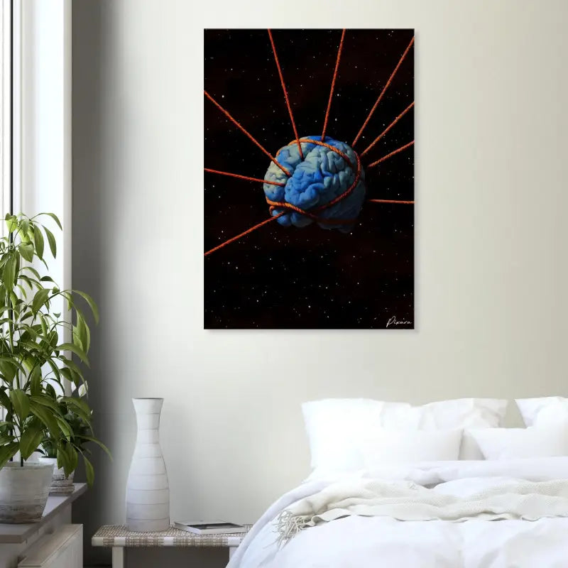 Un cerveau bleu suspendu dans l’espace, attaché par des cordes rouges sur un fond noir étoilé.