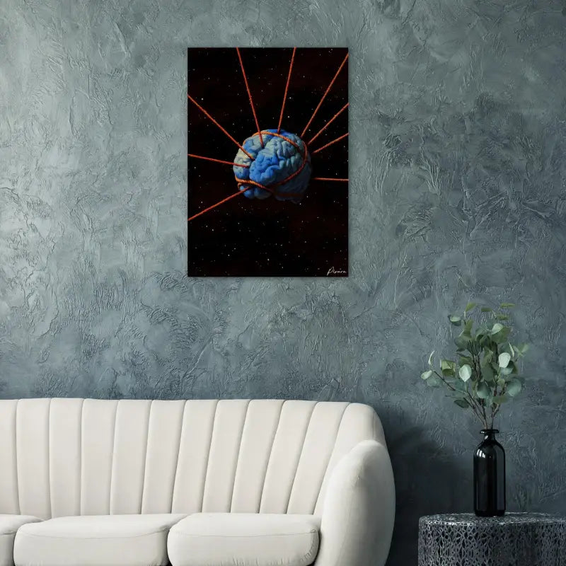 Une impression sur toile rectangulaire représentant un cerveau bleu suspendu dans l’espace, attaché par des câbles orange sur un fond noir étoilé.