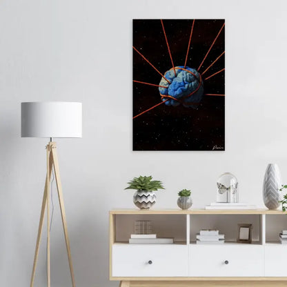 Une impression sur toile d’un cerveau bleu saisissant, enveloppée de cordes rouges et placée sur un fond noir étoilé.
