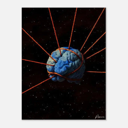 Un cerveau bleu texturé suspendu dans l’espace, attaché par de grosses cordes orange sur un fond noir étoilé.