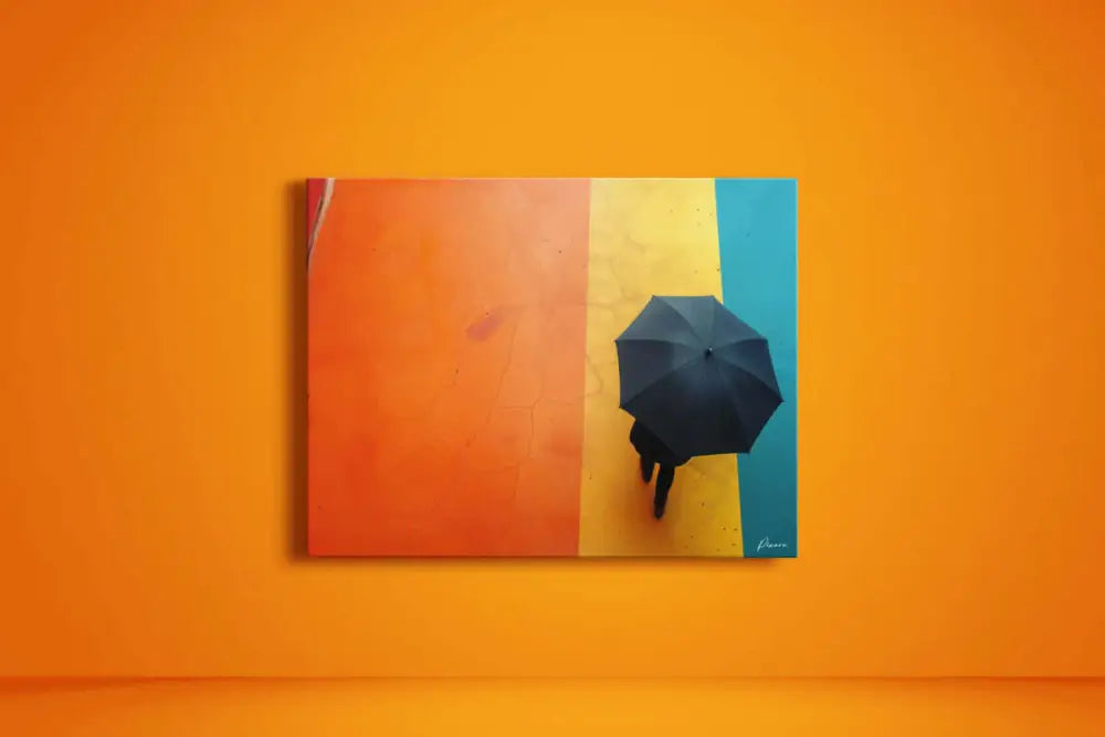 Un parapluie noir, sa toile entièrement ouverte et projetant une silhouette sur des rayures verticales vibrantes orange, jaune et turquoise.