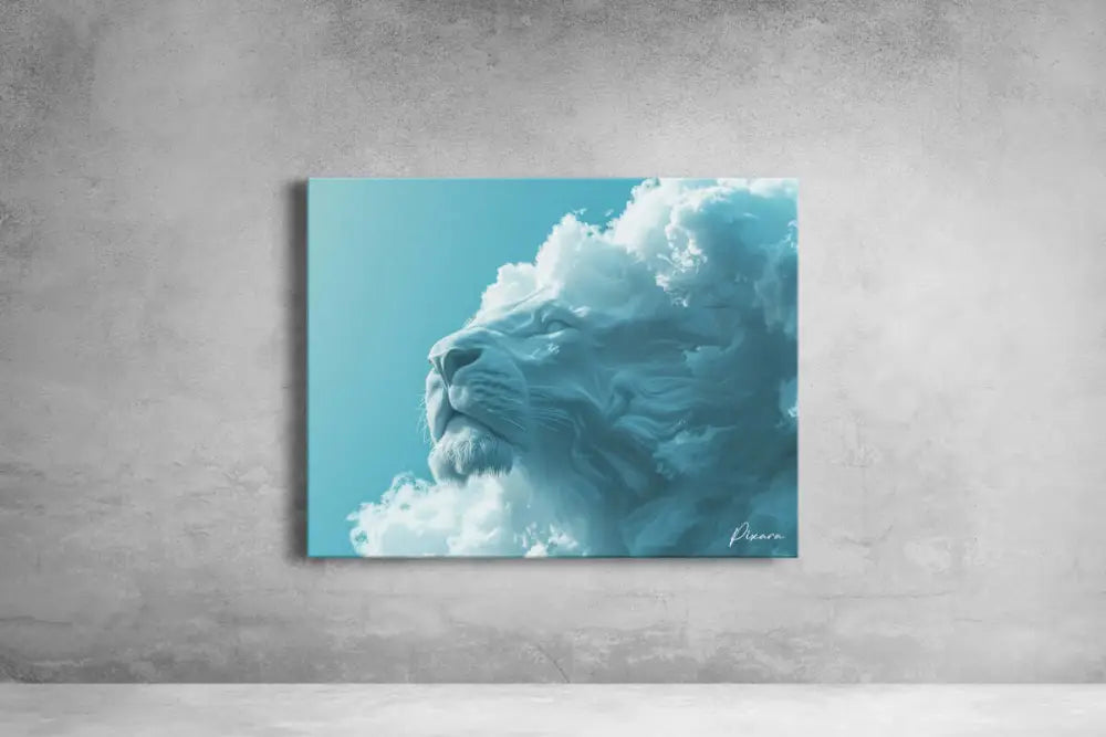 Un impressionnant tirage sur toile turquoise mettant en scène une tête de lion majestueuse émergeant de nuages stylisés, rendue dans un style artistique numérique.