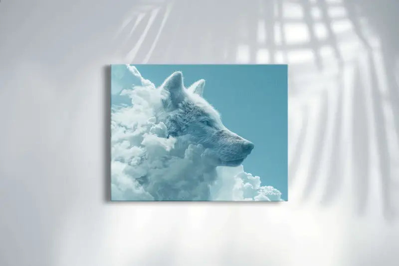 Une impression sur toile rectangulaire présentant la tête d’un loup blanc émergeant de nuages stylisés sur un ciel bleu doux.