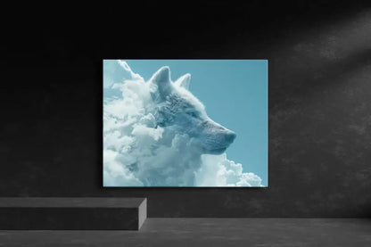 Une impression sur toile frappante mettant en scène un loup blanc émergeant de nuages stylisés sur un ciel turquoise vibrant.