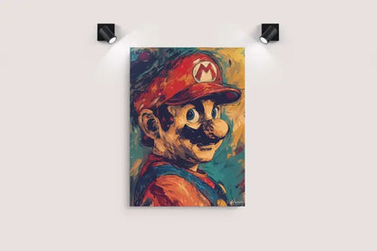 Impression sur toile vibrante et texturée de Mario avec son iconique casquette rouge et sa salopette bleue.