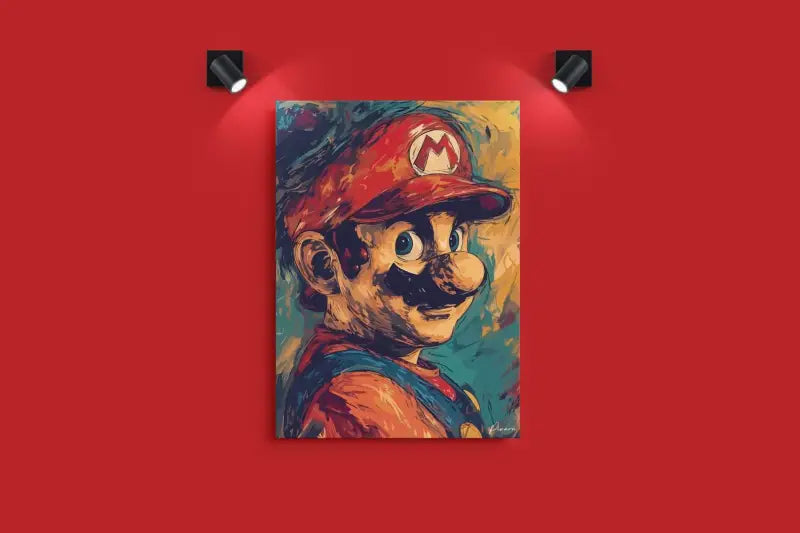Impression sur toile vibrante et texturée de Mario avec son icônique casquette rouge et sa salopette bleue.