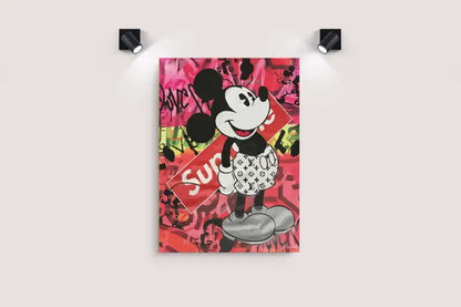 Impression sur toile de style graffiti vibrant mettant en scène Mickey Mouse dans une tenue blanche à motif monogramme Louis Vuitton sur un fond rose et rouge audacieux avec branding « supreme ».