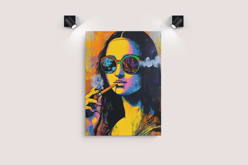 Toile vibrante de pop-art représentant une Mona Lisa stylisée portant des lunettes de soleil colorées et fumant, avec des teintes audacieuses de jaune, de bleu et d’orange et des verres réfléchissants.
