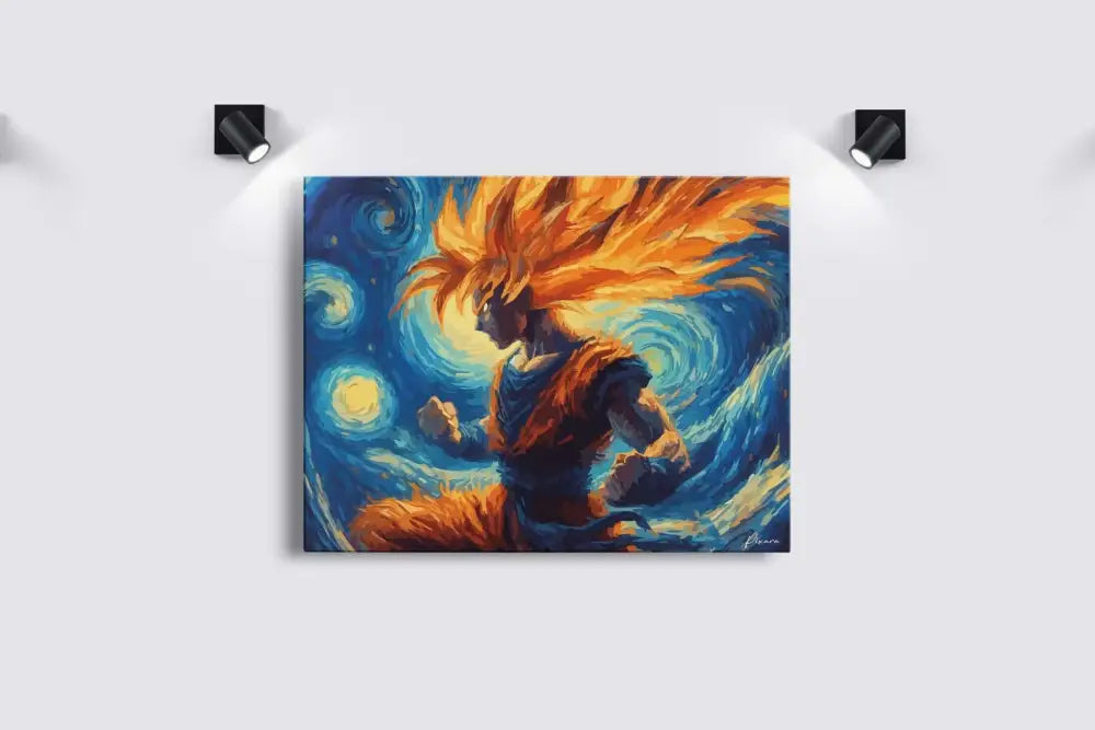 Peinture sur toile de style anime vibrante en orange et bleu d’un personnage aux cheveux flottants sur fond de cieux étoilés tourbillonnants.