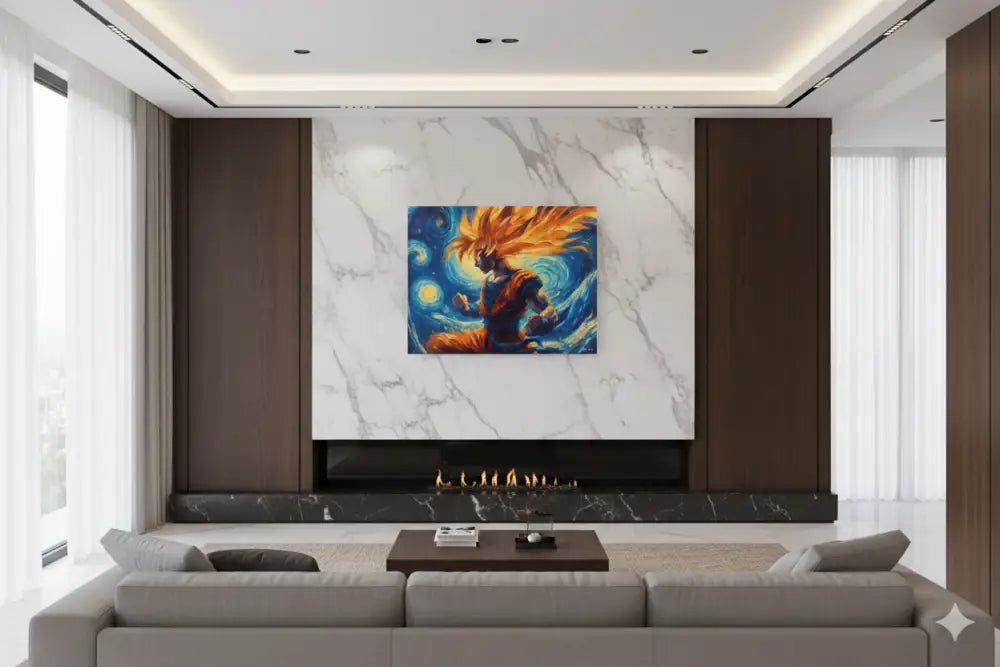 Une peinture animée de style anime vibrante mettant en scène un personnage aux cheveux orange flamboyants sur un fond cosmique tourbillonnant bleu et jaune, montée sur un mur en marbre blanc.