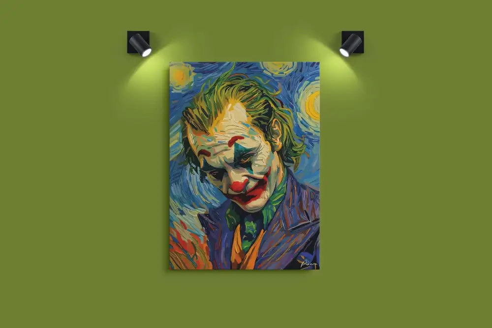 Impression sur toile stylisée et vibrante du Joker avec un arrière-plan tourbillonnant bleu et jaune.