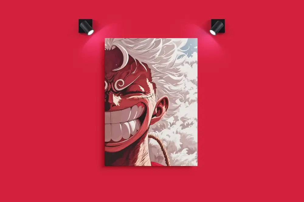 Une affiche d’anime rouge vibrante mettant en scène un personnage aux cheveux blancs ébouriffés et à un sourire exagéré, accrochée sur un mur rouge audacieux.