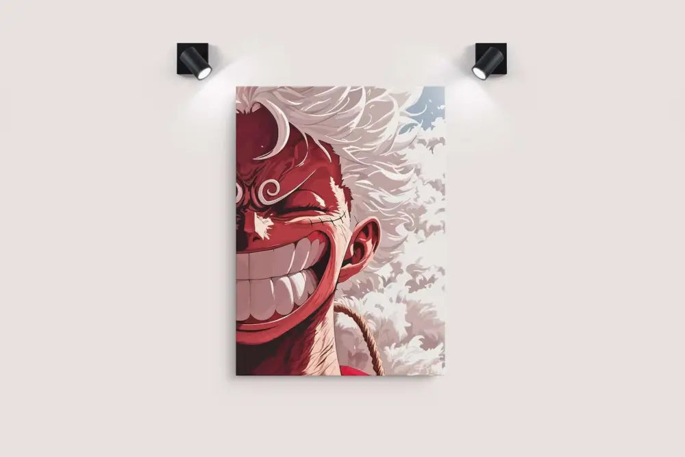 Portrait d’affiche de personnage d’anime rouge avec des cheveux blancs et un large sourire, monté sur le mur sous deux projecteurs noirs.