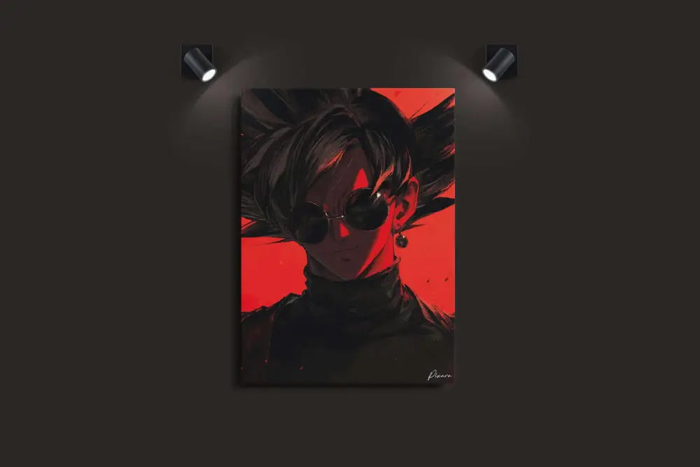 Toile de portrait anime vibrant en rouge et noir mettant en scène un personnage stylisé avec des cheveux en pics, des lunettes de soleil rondes et un bouclier d’oreille.