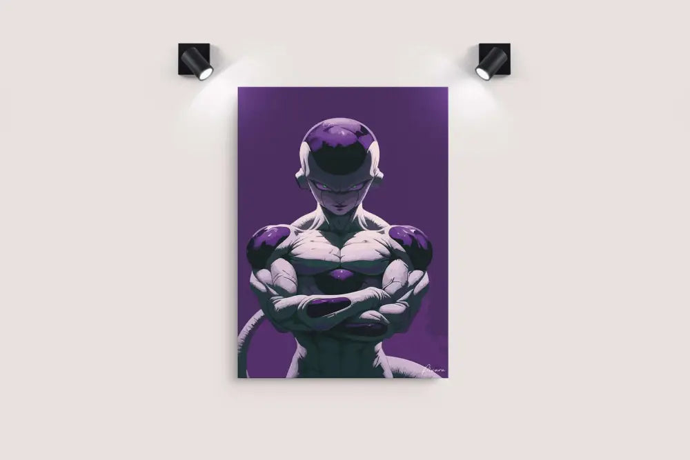 Toile illustrée violette et blanche mettant en scène le personnage Freezer de Dragon Ball Z, exposée sur un mur avec deux projecteurs noirs.