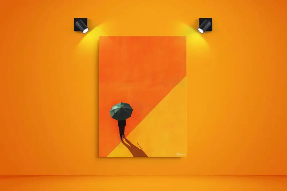 Peinture abstraite sur toile orange mettant en scène une silhouette d’une personne tenant un parapluie sur un fond bicolore.