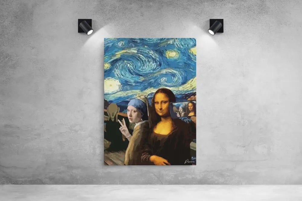Une impression sur toile vibrante mettant en scène la Joconde et une jeune fille faisant des signes de paix, sur fond du ciel étoilé de Van Gogh.