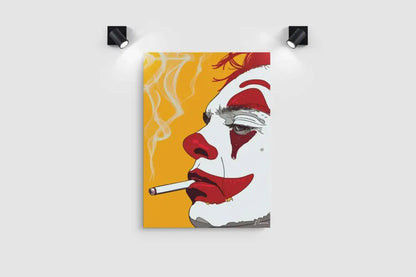 Toile vibrante en style pop-art représentant un clown stylisé avec un maquillage facial audacieux en rouge et blanc, fumant une cigarette sur un fond jaune chaud.