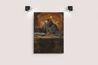 Une impression sur toile encadrée représentant un moine en robes sombres et casque audio, assis à un équipement de musique électronique avec un clavier et un ordinateur portable.